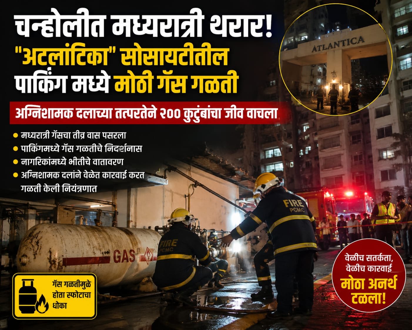 ​चऱ्होलीत मध्यरात्री थरार! ‘अटलांटिका’ सोसायटीत मोठी गॅस गळती; अग्निशामक दलाच्या तत्परतेने २०० कुटुंबांचा जीव वाचला